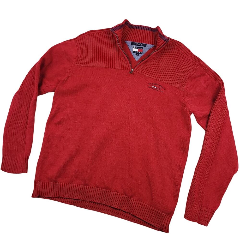 Vintage Tommy Jeans Mens 100% Cotton 1/4 Zip Ribbed Pullover Sweater XL Mockneck